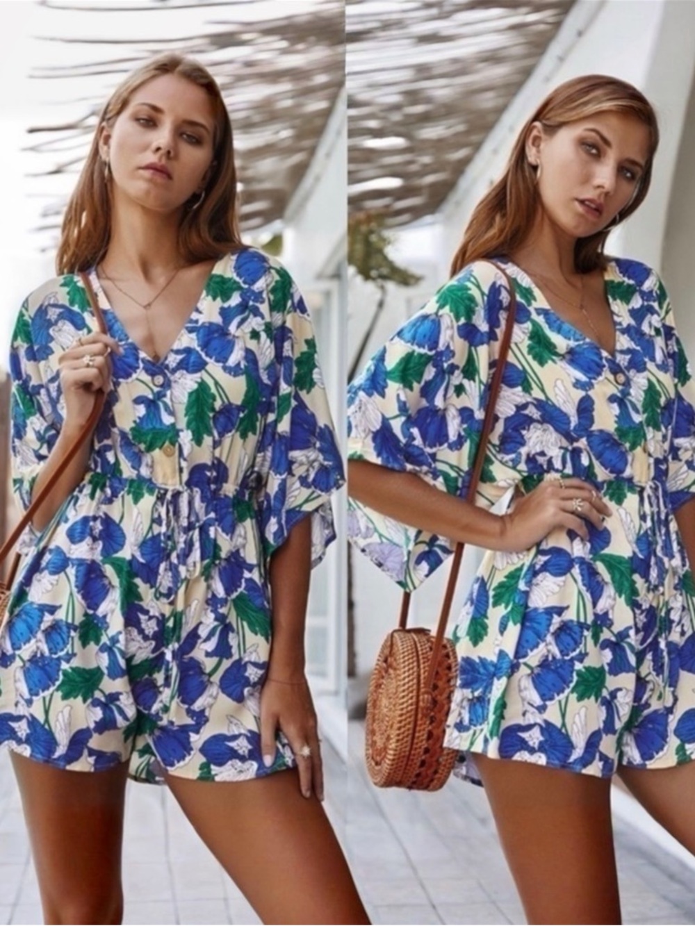 Blue and cream floral romper Size Small